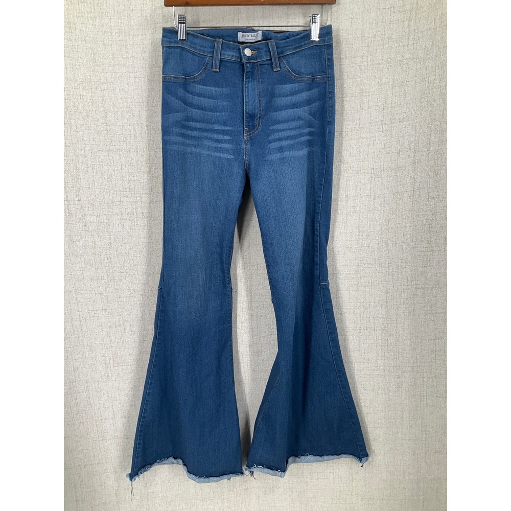 Judy Blue Flare Jeans Womens 13/31 Blue High Rise Raw Hem Boho Y2K Western Denim